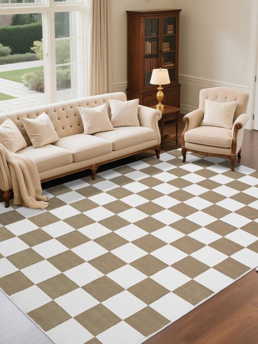Washable Checkered Rug, 5x7 ft Beige and White Rug, Low Pile Area Rugs for